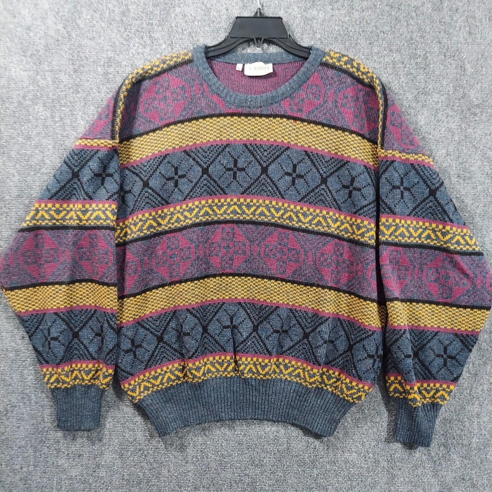Vintage Torriani Sweater Mens XL Blue Multicolor Geometric Crewneck Pullover